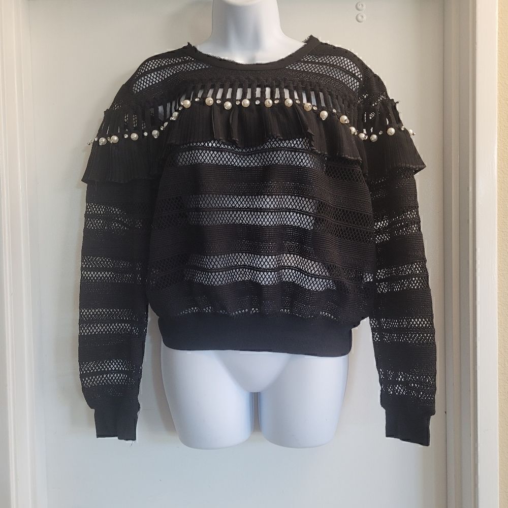 Vintage black ruffle sweater made with mesh, pearls, rhinestones and chiffon